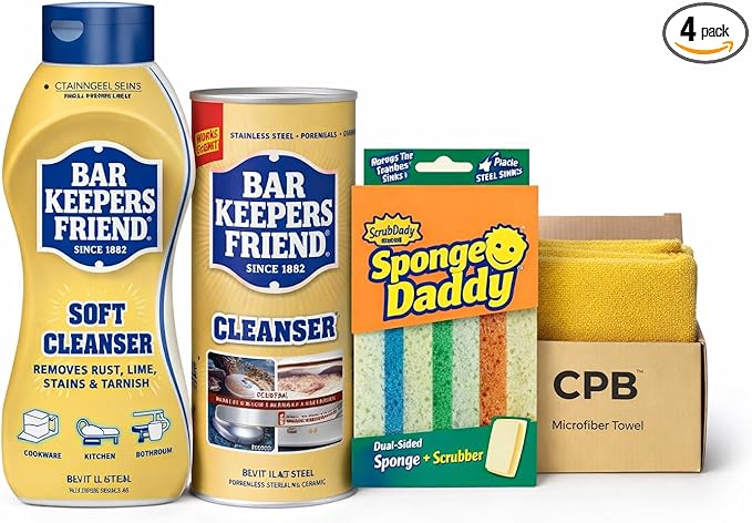 Cleaning Bundle – Includes Bar Keepers Friend Soft Cleanser 26 oz Bar Keepers Friend Powder Cleanser 21 oz Scrub Daddy Sponge Daddy 4-Pack &amp CPB Microfiber Towel