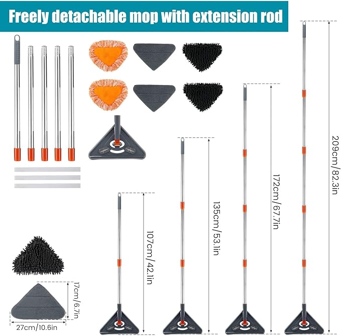 360° Rotatable Wall Mop with Long Handle Extension Pole Wall Cleaning Mop Triangle Dry and Wet Dust Wall Cleaner Mops(Type B)