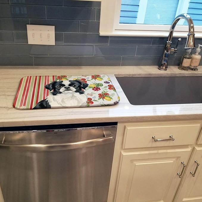 Caroline's Treasures Black and White Japanese Chin Vegetables Dish Drying Mat Absorbent Dish Drying Mat Pad for Kitchen Counter Dish Drainer Mat for Countertop 14 x 21 Multicolor