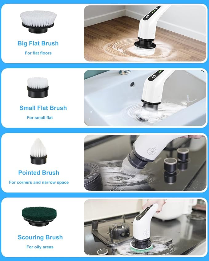 Leebein Electric Spin Scrubber Cordless Cleaning Brush with 8 Replaceable Brush Heads Tub and Floor Tile 360 Power Scrubber Dual Speed with Adjustable &amp Detachable Handle for Bathroom Kitchen Ca