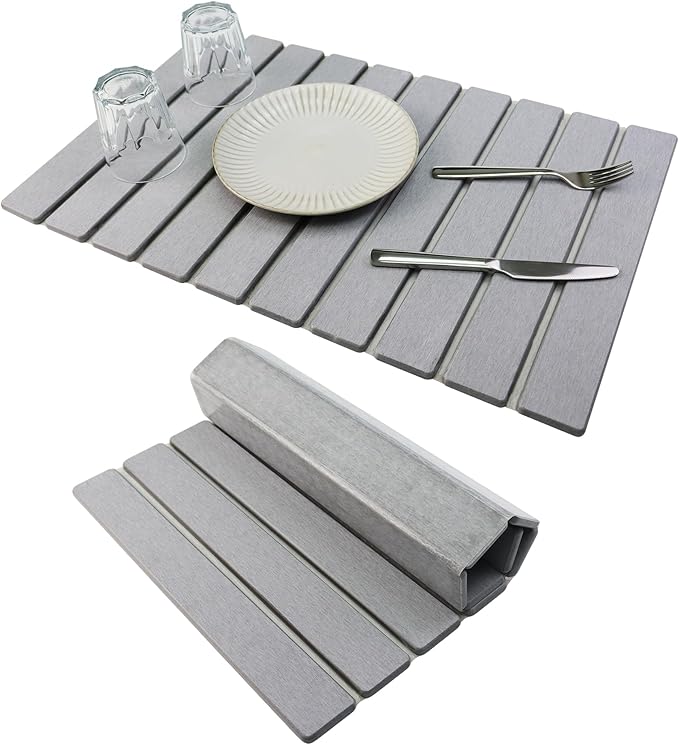 Large Stone Drying Mat for Kitchen Counter Diatomaceous Earth Collapsible 24”（L）*16”（W）Super Heat Resistant Mats Quick Absorbent Dish Drying Rack（Light Gray）