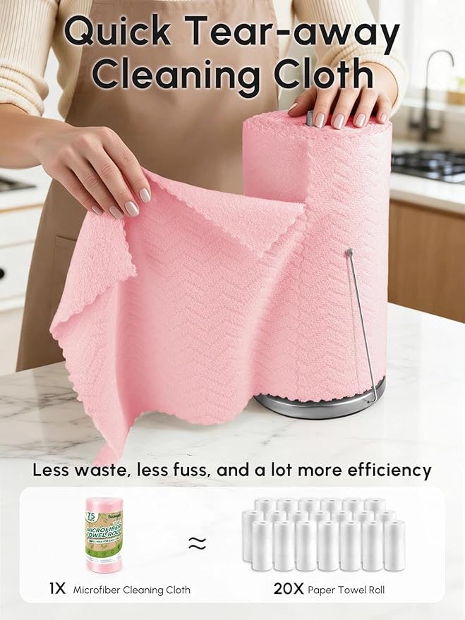 Microfiber Cleaning Cloths Roll 75 Pack Tear Away Microfiber Towels Roll 12 x 12 Lint Free Rags Reusable Cleaning Cloths Washable Scratch FreeUltra Absorbent Dish Rags(Pink Ripple)