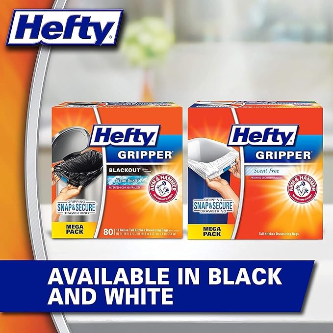 HEFTY Gripper Scented Kitchen Bags Drawstring Plastic Black 80 Count (Pack of 2)