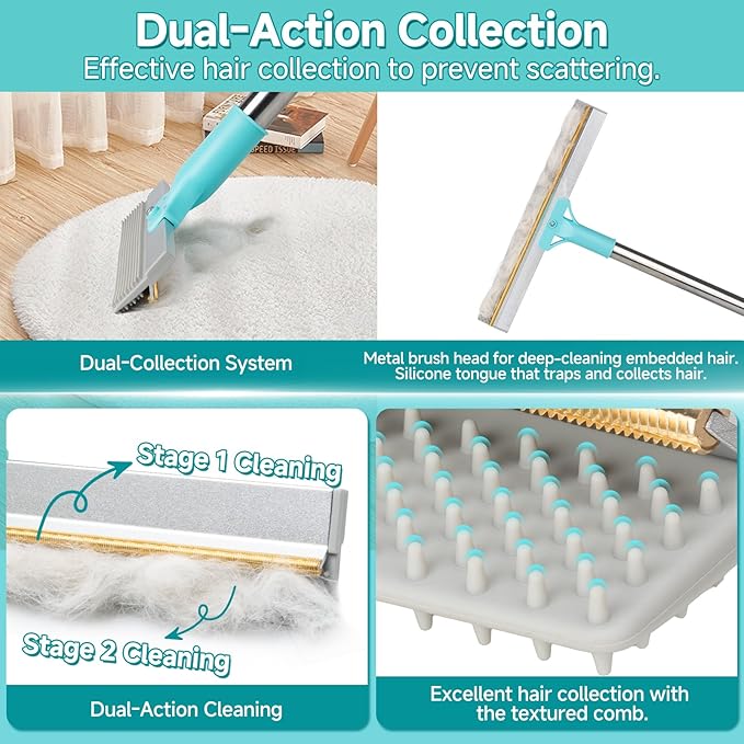 Carpet Rake for Pet Hair Removal Tool Reusable Pet Hair Remover Broom Dog&ampCat Hair Remover Scraper Rake with 54” Adjustable Long Handle 3 Pcs Carpet Brush Rake for Rugs Mats Couch Furniture
