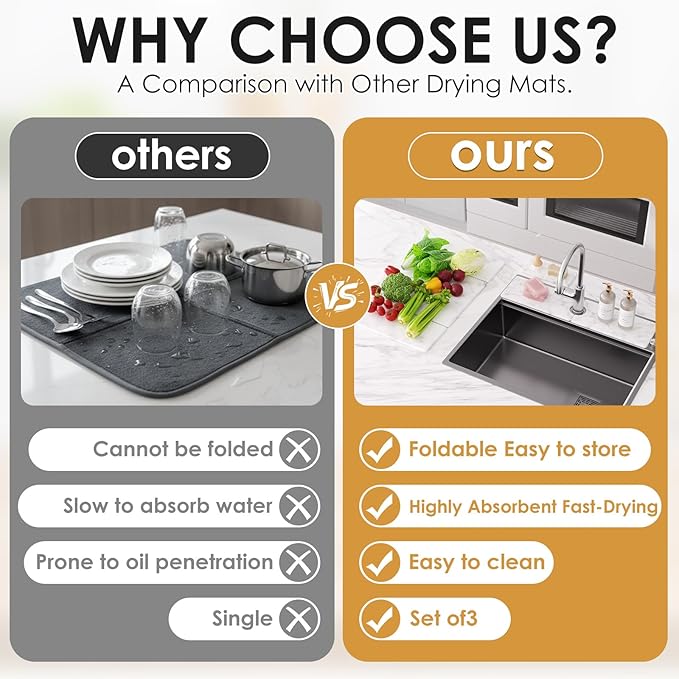 3 PCS Large Stone Dish Drying Mat for Kitchen Counter -24x16 Absorbent Diatomaceous Earth Mat with Stone Faucet Mat &amp Soap Tray - Quick Dry Collapsible Non-Slip Countertop Organizer