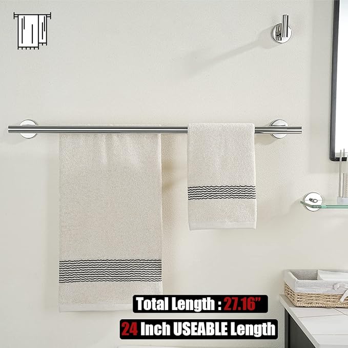 JQK Chrome Towel Bar 24 Inch 304 Stainless Steel Thicken 0.8mm Double Bath Towel Rack for Bathroom Towel Holder Polished Chrome Wall Mount Total Length 27.16 Inch TB100L24-CH