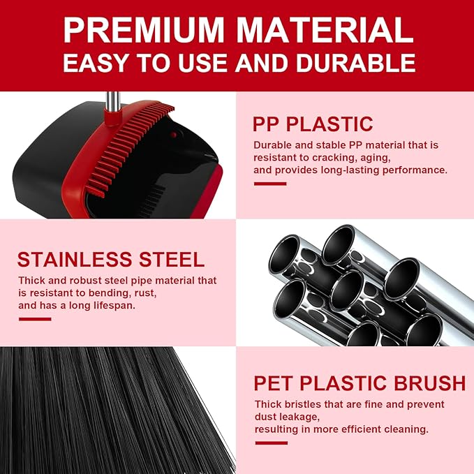 Broom and Dustpan Set Large Household Broom with Dustpan Combo Set 55 Inch Long Handle Red Dust Pan Combo Set for Home