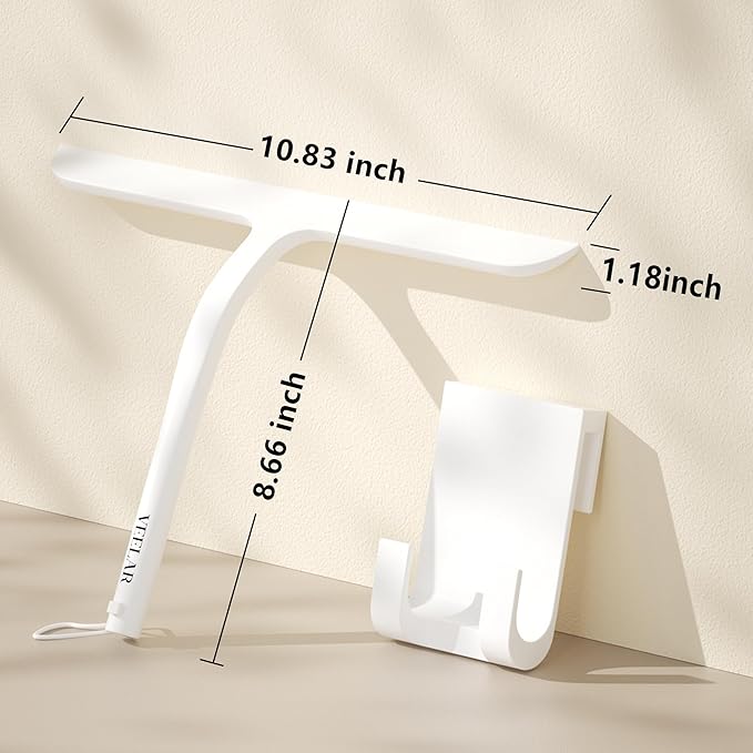 Shower Squeegee for Shower Glass Bathroom Glass Cleaning Tool with Hook Mount Squeegee for Glass Doors Window Cleaning Tile Shower Walls (White)