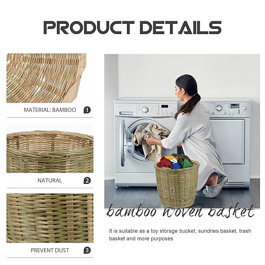 Rattan Waste Basket with Lid - Round Wicker Trash Can Garbage Container Bin Laundry Basket Flower Pots Woven Storage for Home Office