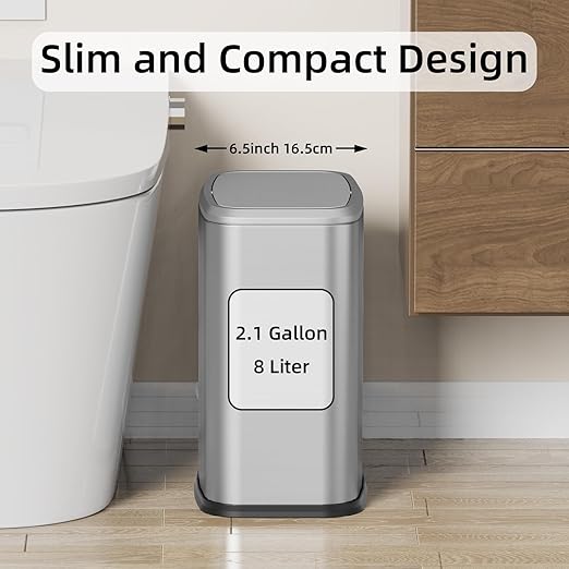 8L/2.1 Gal Small Bathroom Trash Can with Lid Swing-Top Rectangular Waste Bin Stainless Steel Garbage Can for Home Office Toilet Bedroom Living Room (Silver)