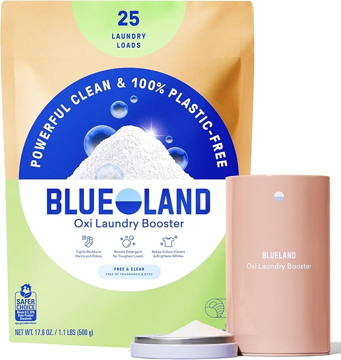 BLUELAND Oxi Laundry Booster Powder with Tin Starter Set Fragrance Free &amp Clear 25 Loads 17.6 oz Plastic-Free Eco Friendly Oxy Cleaner Stain Remover