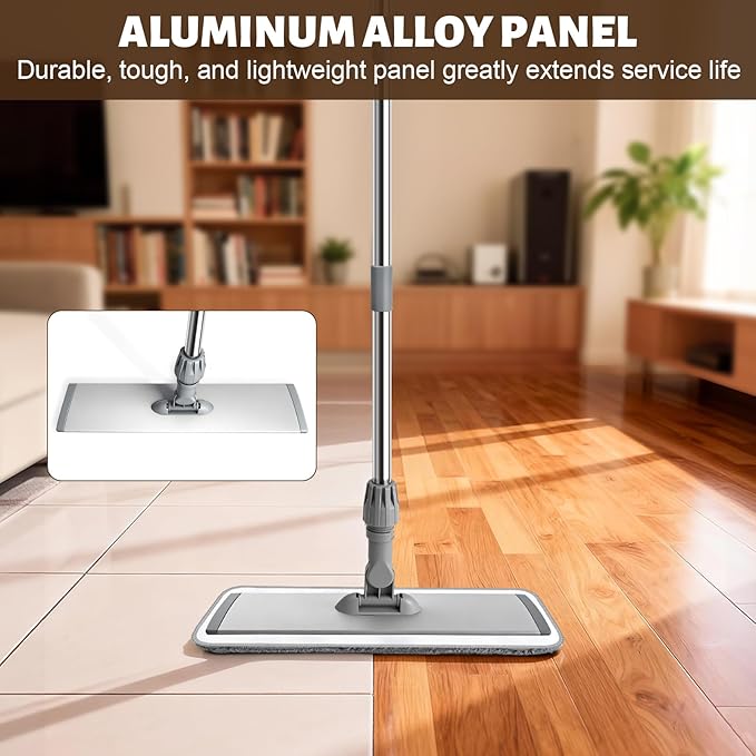17.7 Microfiber Mop for Floor Cleaning 59in Long Adjustable Stainless Steel Handle 360° Rotating Large Flat Mops 4 Washable Pads for Dry &amp Wet Cleaning for Hardwood Vinyl Laminate Grey