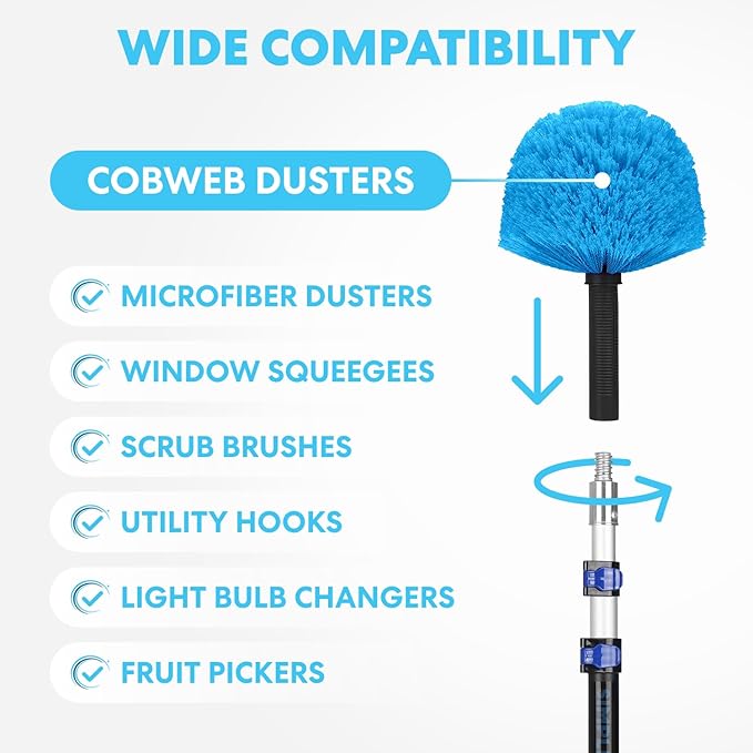 Simpli-Magic 5-to-12 Foot Cobweb Duster with Extension Pole Combo (20 Ft Reach Medium-Stiff Bristles) Spider Web Brush with Pole - Hand-Packaged Lightweight 3-Stage Aluminum Pole