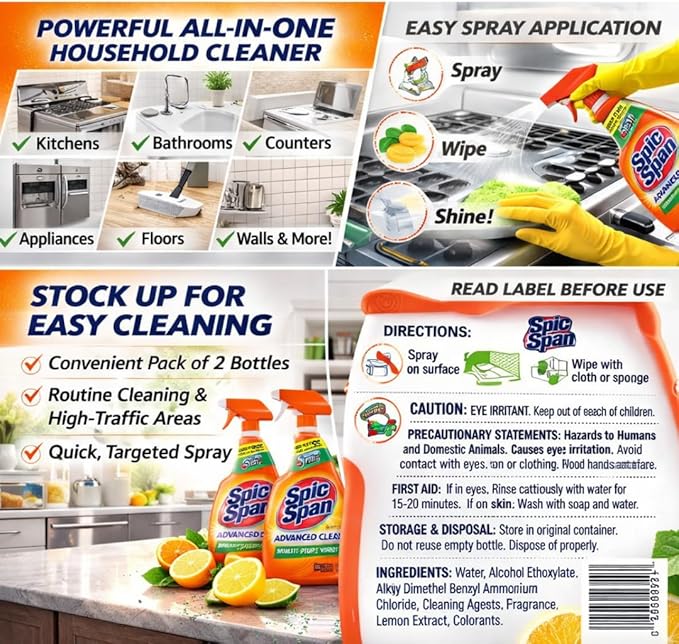 Spic &amp Span Advanced Clean Multi-Purpose Cleaner Spray Fresh Citrus Scent 32 fl oz (Pack of 2)