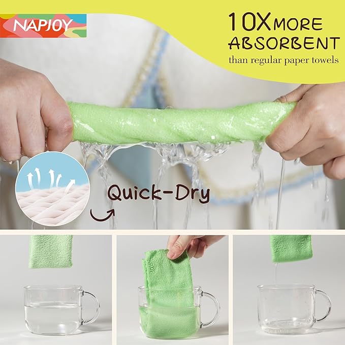 Napjoy Microfiber Cleaning Cloth Roll 75PK Easy Tear Away Reusable Paper Towels 12 x 12 Lint-Free and Scratch-Free with Patented Fiber Technology Microfiber Towel Roll Green