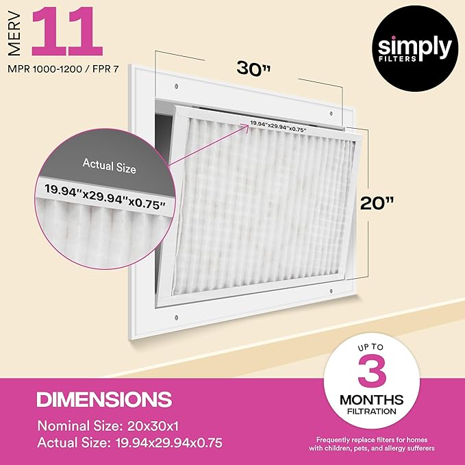 Simply 20x30x1 Air Filter Merv 11 6 Pack For Home AC Furnace &amp HVAC (Actual Size: 19.94x29.94x0.75) DUST Pet &amp Allergy Control