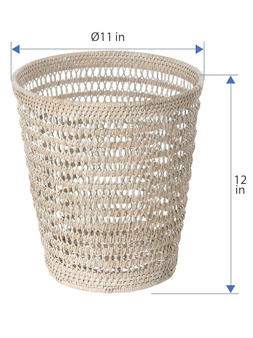 Kouboo La Jolla Rattan Mesh Waste Basket – Round Trash Can for Bathroom Bedroom Office – Boho Wicker Bathroom Storage Small Garbage Bin for Home Decor &amp Storage Basket White Wash