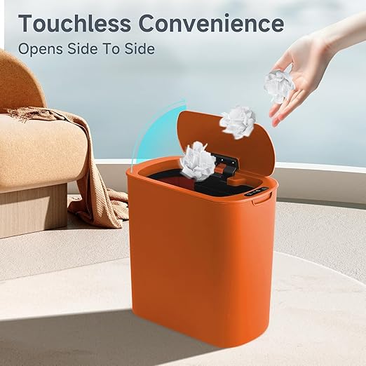 TIPGO Automatic Motion Sensor Bathroom Trash Can with Lid 2.6 Gallon Touchless Trash Bin Smart Garbage Can Plastic Slim Wastebasket for Bedroom Office Dorm (Orange)