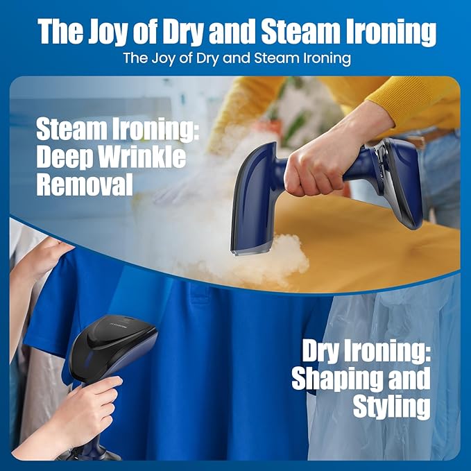 Powerful Handheld Fabric Steamer - 1800W with Fast Ceramic Heat-Up Plate 2-in-1 Ironing &amp Wrinkle Remover Steam Nozzle Lint Brush - Blue for US 120V Only