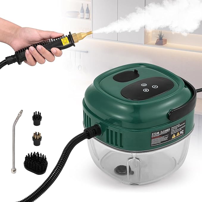 Handheld Steam Cleaner Touch Panel High Pressure Steamer for Cleaning Grout Tile Portable Steamer for Car Auto Home Small Power Cleaning Steamer with Drain Hole (Dark Green)