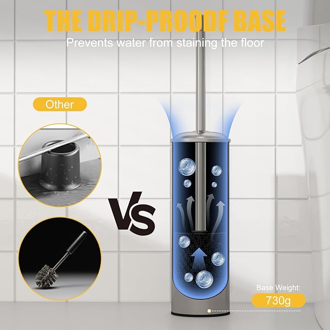 BESy Toilet Brush and Holder Toilet Cleaner Bowl Set with Two Brush with Extra Long Handle Durable Bristles Toilet Scrubber and Covered Holder Drip-Proof Stainless Steel Brushed Nickel