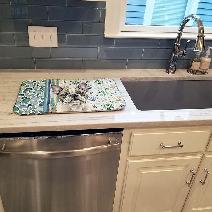 Caroline's Treasures Pied French Bulldog Coastal Sea Glass Dish Drying Mat Absorbent Dish Drying Mat Pad for Kitchen Counter Dish Drainer Mat for Countertop 14 x 21 Multicolor