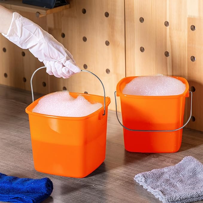 Zhehao 6 Pcs 3 Quart Bucket for Cleaning Small Sanitizer Bucket for Restaurant Square Plastic Pail with Handles for Home Offices Commercial Use Food Service(Orange)