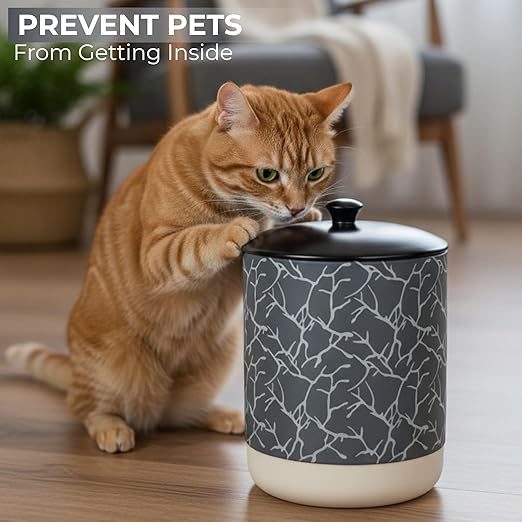 Escenzy Textured Luxury Stone Bathroom Trash Can with Lid 5L | 7 x 10 | High End Ceramic Trash Can | Decorative Waste Basket for Bathroom Bedroom Kitchen Hotels or Living Room Decor | Ideal Gift