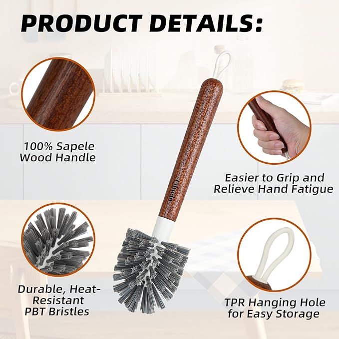 4-Pack Heavy Duty Scrub Brushes with 11 Sapele Wood Handle – PBT Bristles &amp TPR Loop – Kitchen Bathroom Grout Dish &amp Tile Cleaner – Durable Non-Slip Multi-Surface Cleaning Brush Set