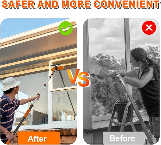 30FT Reach High Ceiling Duster Kit Window Cleaning kit with 5-24FT Extension Pole Fan Duster for Ceiling Fan Blades Microfiber Feather Duster Rotatable Window Squeegee and Cobweb Duster