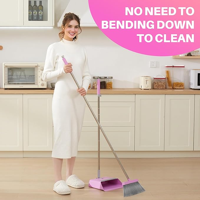 JOYMOOP Pink Broom and Dustpan Set with 56” Handle Upright Angle with Built-in Comb Teeth for Hardwood Floors and Pet Hair