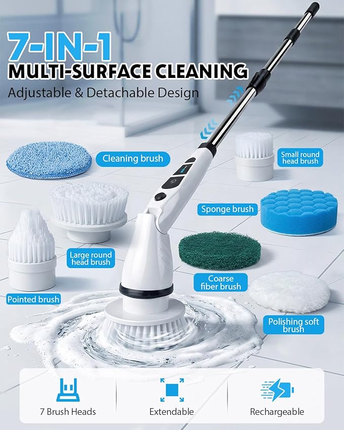 Electric Spin Scrubber Shower Scrubber with Long Handle 7 Brush Heads 2-Speed Cordless Bathroom Cleaning Brush 54in Extendable Electric Cleaning Brush for Tub Tile Floor &amp Kitchen