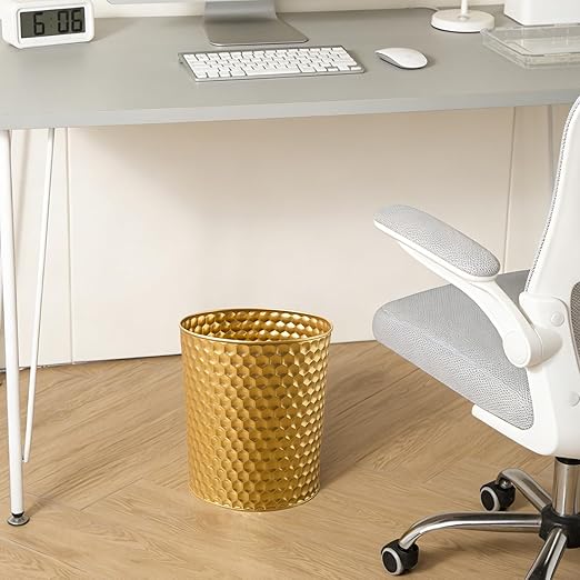 Large Metal Trash Can Wastebasket Decorative Honeycomb Garbage Can Modern Farmhouse Round Bin for Bathroom Bedroom Kitchen and Office (Gold)