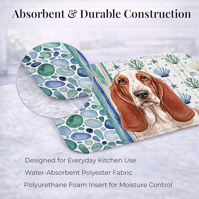 Caroline's Treasures Red and White Basset Hound Coastal Sea Glass Dish Drying Mat Absorbent Dish Drying Mat Pad for Kitchen Counter Dish Drainer Mat for Countertop 14 x 21 Multicolor