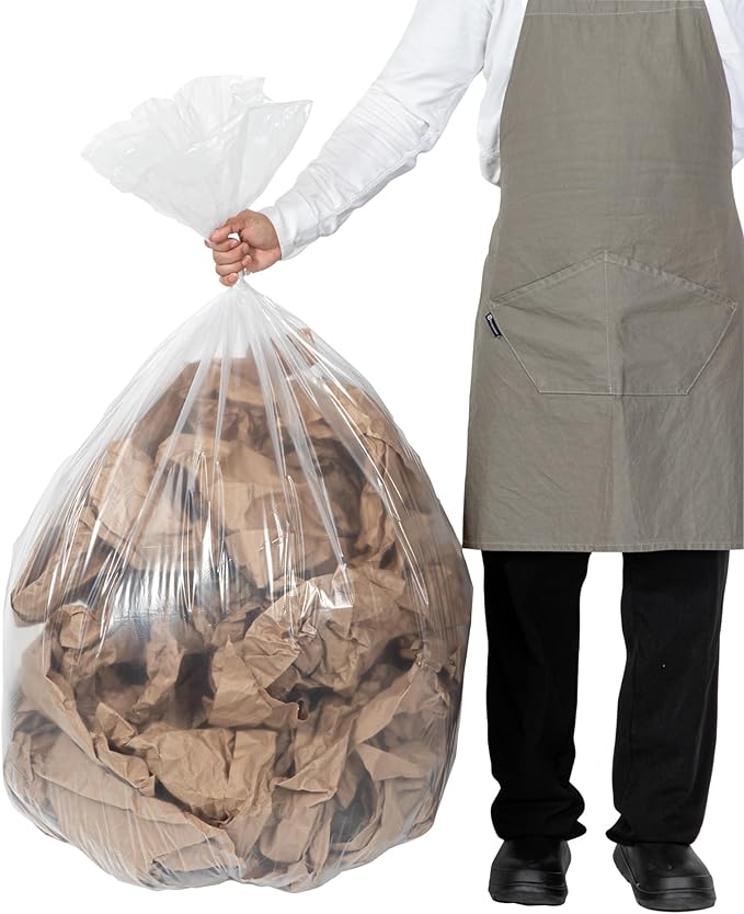 Restaurantware-RW Clean 55 Gallon Trash Bags 100 Light-Duty Garbage Can Liners- Fits 55-60 Gallon Trash Cans Stretchable Clear Plastic Bin liners with Star Seal Bottom