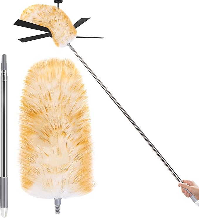 Feathers Duster 97 Long Telescoping Lambswool Duster with Bendable Wool Head - Ultra-Thick Stainless Steel Extension Pole for Cleaning