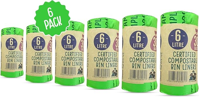 Eco Green Living 6 Litre Compostable Bin Liners Plastic Free &amp Recyclable Caddy Bags for Food Waste Leak Resistant Small Bin Liners 36 x 66 cm - Six Pack (180 Bags)