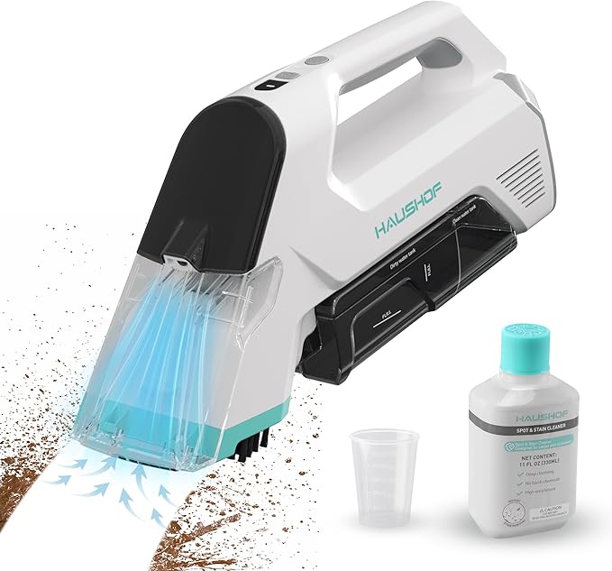 HAUSHOF Handheld Carpet Cleaner 12V Cordless Portable Carpet Cleaner 6.5KPa Spot Cleaner with 2 Water Tanks Type-C Charge Spot &amp Stain Cleaner Handheld Upholstery Cleaner for Stairs Car