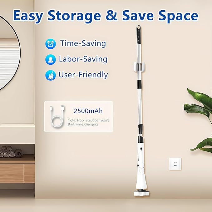 Electric Spin Scrubber Hillyfe Bathroom Scrubber Electric with 7 Replaceable Brush Heads IPX7 Waterproof300/400 RPM 3 Adjustable LengthScrubber Brush Electric for Bathtub FloorWhite