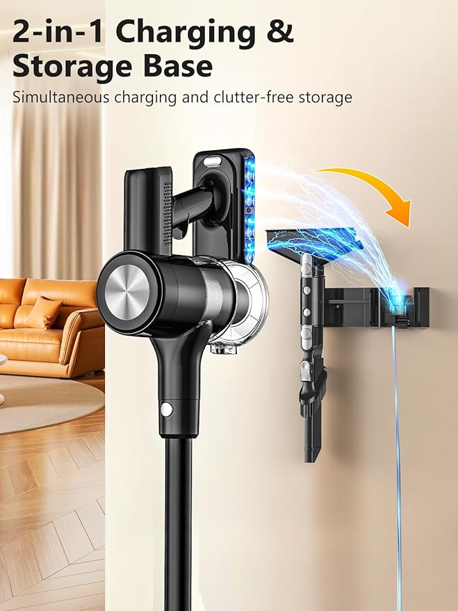 Cordless Vacuum Cleaner 46Kpa/55 Mins Vacuum Cleaners for Home Self-Standing Stick Vacuum with Rechargeable DockLED Display &amp Anti-TangleLightweight Vacuum for CarpetFloor (Pure Black)