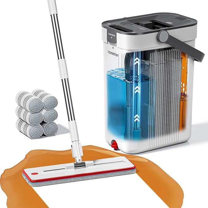 Mop and Bucket Set 3-Tank Flat Mop and Bucket System for Separate Dirty &amp Clean Water 65 Mops for Floor Cleaning with 6 Washable Pads Safe for Hardwood Vinyl Tile Baseboards Walls