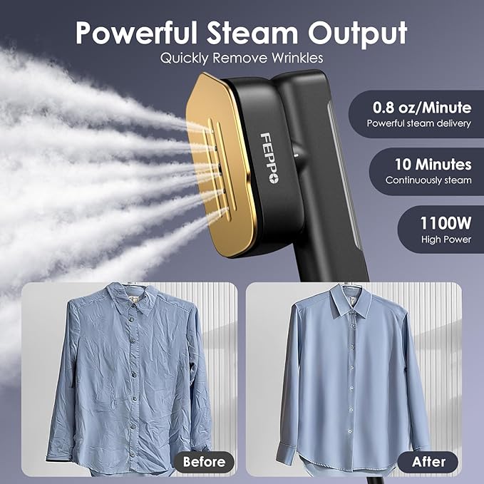 FEPPO Travel Steamer for Clothes 110-240V Dual Voltage Portable Steamer &amp Iron 2 in 1 Fast Heat Up 1100W Powerful Garment Steamer Large Ceramic Heat Panel for Home &amp Global &amp Europe Tr