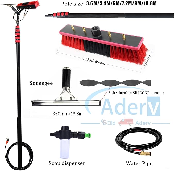3.6-10.8 M Washing Kit: Water-fed BrushSqueegeeSoap Dispenser Window Cleaning Pole Water Fed Telescopic Brush Window Cleaner Equipment Car Cleaning Brush (35cm Brush7.2M)