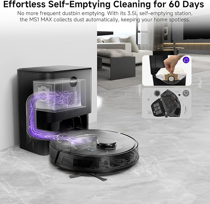 MONSGA Robot Vacuum and Mop Combo 6000Pa Robotic Vacuum with 3.5L Self Emptying Station Lidar Navigation Robot Vacuum Cleaner 180mins Runtime APP/Remote/Voice Control for Hard Floors and Carpets