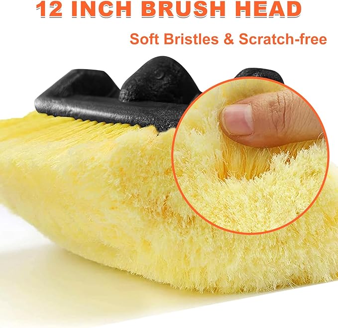 Buyplus 12FT Car Wash Brush with Long Handle 12-Inch Soft Bristle with Aluminium Telescoping Pole for Cleaning Car SUV RV Boats House Siding Floors Solar Panels and More