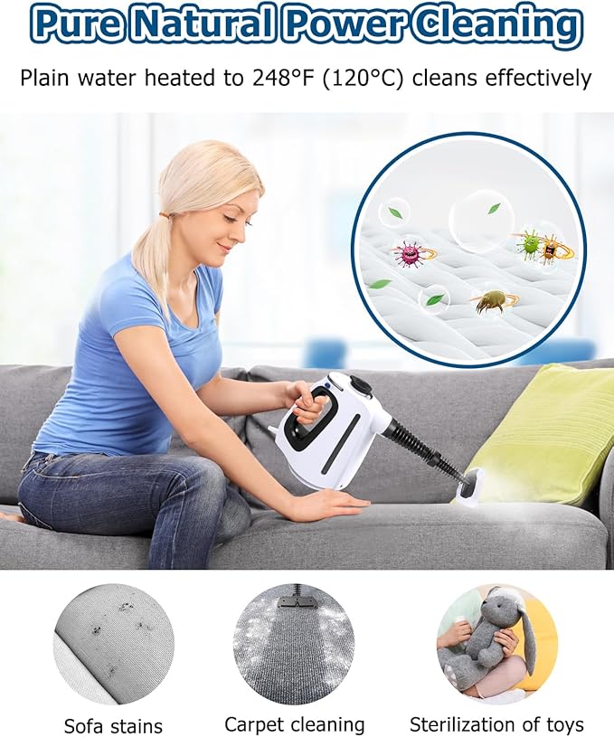 Handheld Steam Cleaner 9.8FT Power CordSteamer for Cleaning with 11 Accessories 15 Seconds Fast Heating High Temperature Cleaning 530Ml Capacity Steam Cleaner for Washroom Kitchen and Car