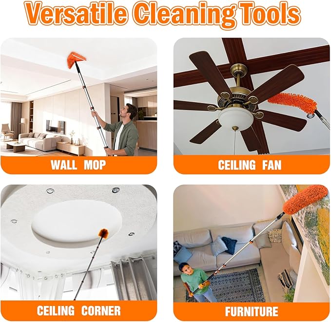 26FT Reach Dusters for Cleaning Ceiling Fan Cleaner Duster with Extension Pole Wall and Baseboard Cleaner Mop with Handle for Window Cobweb Fan Blade and High Ceiling