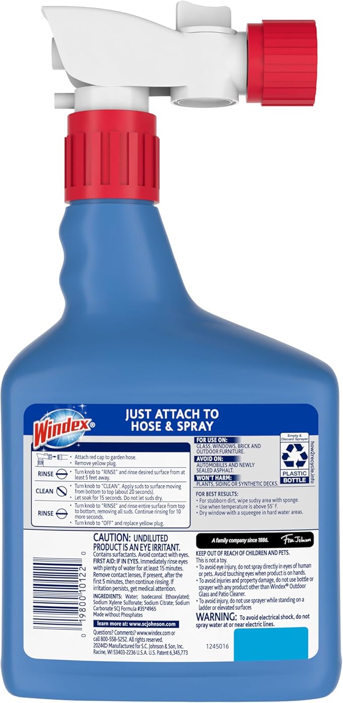 Windex Outdoor Window and Glass Cleaner for Hose Ammonia Free Concentrated Formula for Deep Outdoor Clean Patio Cleaner Compatible With All Hoses 32 Fl Oz (Pack of 2)