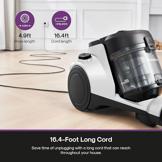 Eureka Bagless Canister Vacuum Cleaner 1100W High Power Vacuum Cleaner for Carpets and Hard Floors HEPA Filter Extension Tube 2-in-1 Crevice Tool Floor Nozzle NEN121WH