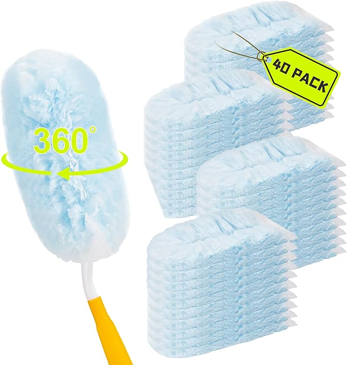 40 Count Duster Refills Compatible with Swiffer Dusters 360° Heavy Duty Duster Refills with 2 Handle for Cleaning Furniture Blinds Ceiling Fans